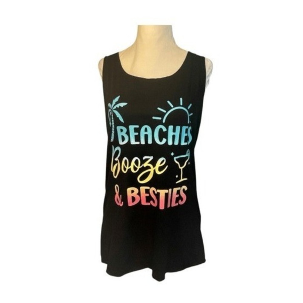 Miken Beaches Booze & Besties Graphic Tank Top Black Jersey Knit Sleeveless Race